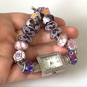 Watch European Style Glass Metal Beads Band Bracelet Spring for 7” Wrist